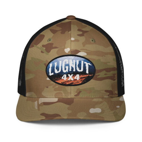 Brown camo trucker hat with Lugnut4x4 logo and black mesg back