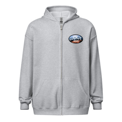 Sport Gray full zip up hoodie with Lugnut4x4 logo